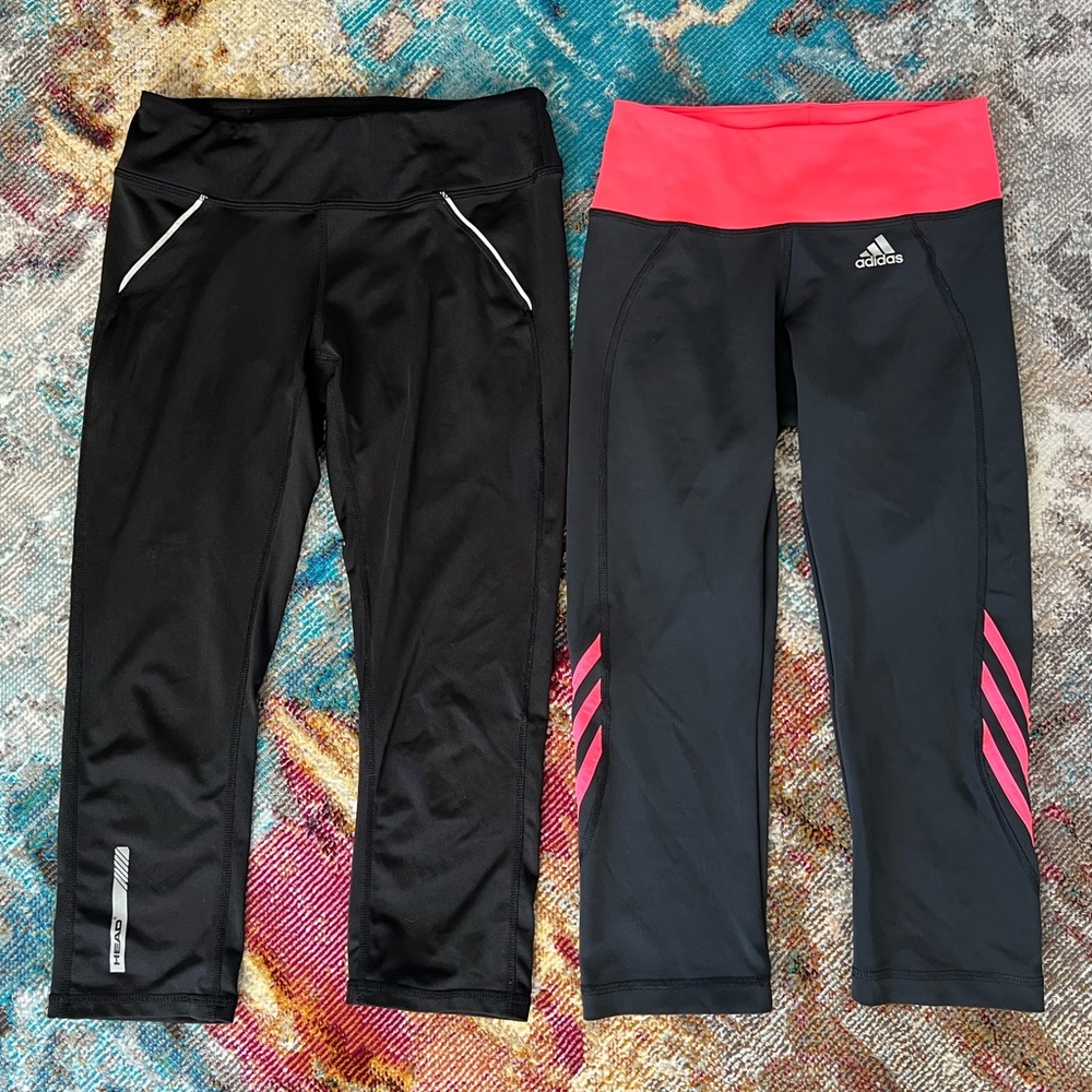Cropped capri athletic leggings 2pc women’s small bundle set EUC HEAD + Adidas